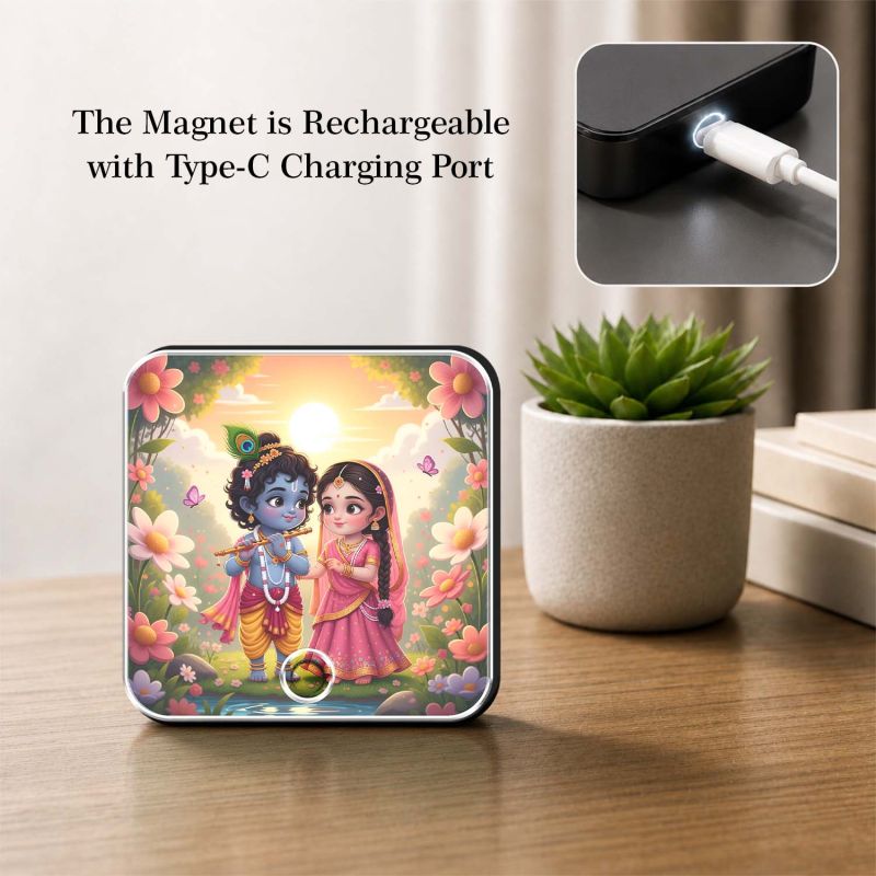 Shri Radha Krishna Musical Fridge Magnet Religious Decoration for Pooja Room, Home Decor Item for Living Room, Office Music Player with Rechargeable Speaker Spiritual Gift for Birthday